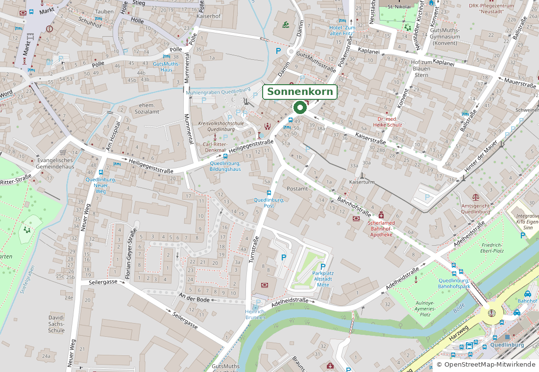 Karte: Sonnenkorn, Kaiserstraße 41, Ecke Pölkenstraße, Quedlinburg – zwischen Markt und Bahnhof